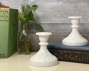 Vintage Milk Glass Candlestick Holders | Smith Glass Grape & Leaves Candle Holders | White Glass Decor
