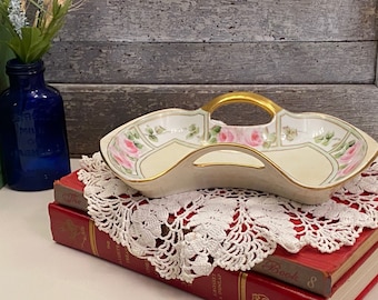 Hand Painted Oblong Gold Gilt Porcelain Tray | Floral and Gold Vintage Serving Dish | Rose and Leaf Cream Porcelain Dish