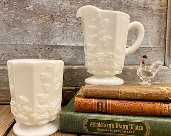Vintage Milk Glass Creamer & Sugar | Paneled Grape Milk Glass | Westmoreland Set of Creamer and Sugar | Open Sugar and Footed Creamer