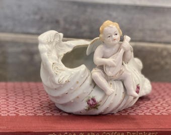 Vintage Musical Cherub Perched on Shell Planter | Small Indoor Cherub Playing the Lute