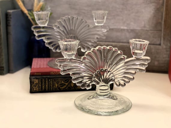 Pair of Vintage Double Light Pressed Glass Candleholders | Art Deco Double Candle Holders | Scroll and Etched Floral Designs