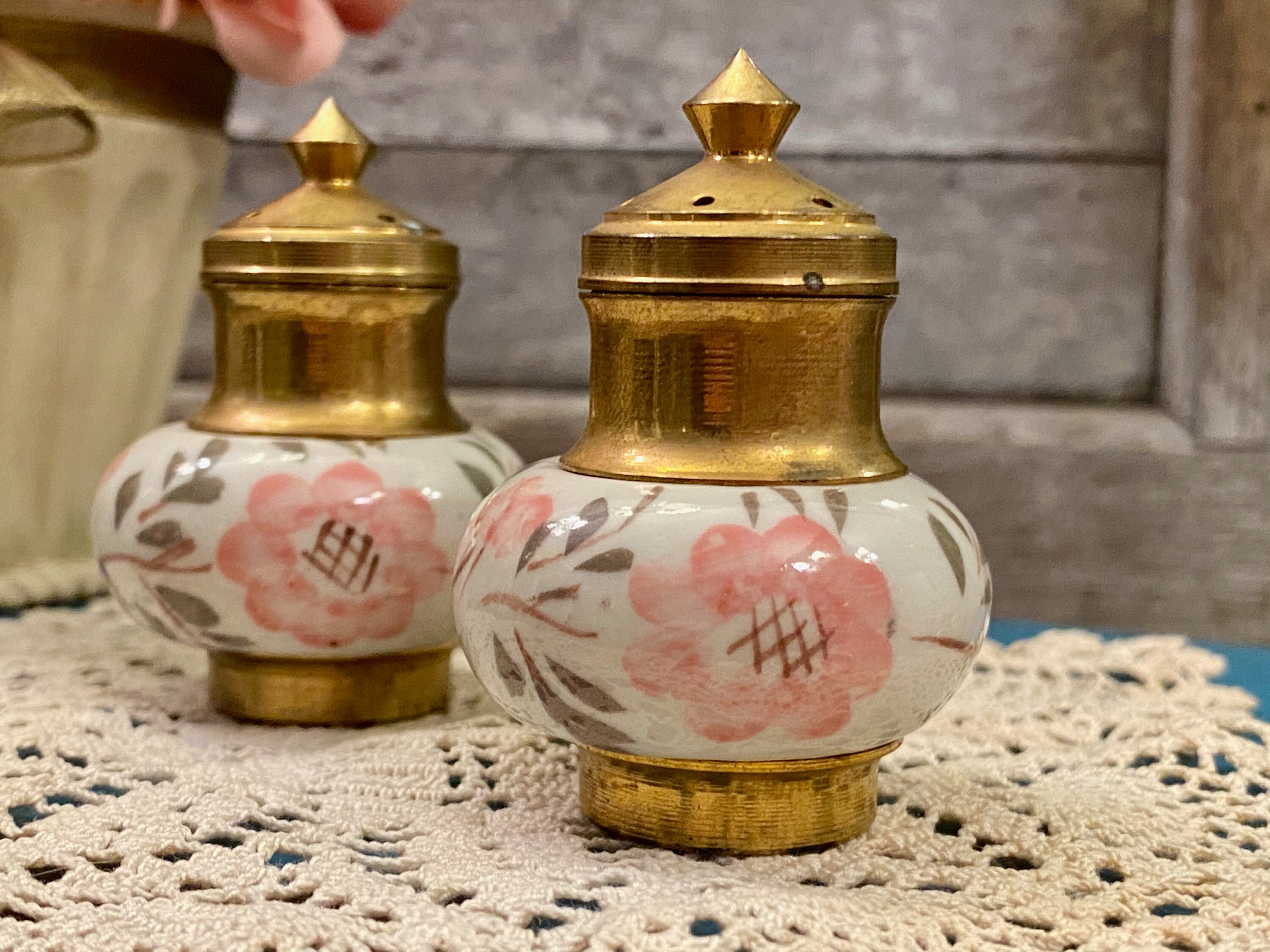Porcelain and Brass Mini Salt and Pepper Set Vintage Retro Etsy
