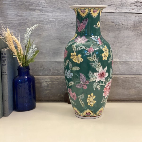 Vintage Decorative Green Floral Asian Vase | Butterflies and Floral Oriental Vase