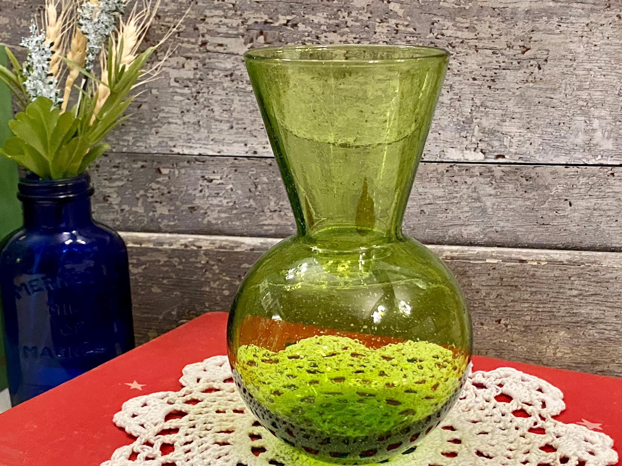 Vintage Zodax Green Seed Glass Vase | Green Gourd Glass Vase