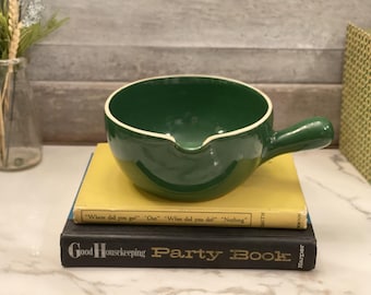 Bol de cerámica verde vintage para mezclar, con boquilla para verter, decoración de cocina rústica.