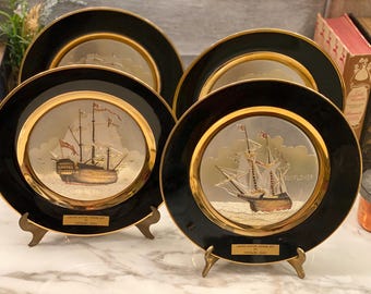 Vintage Chokin Art Yoshinobu Hara Set van 4 Zeilschipborden Japan Limited Edition
