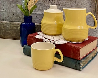 Set of Yellow Ceramic Cream/Sugar and Coffee Mug | Made in the USA Yellow Ceramic Creamer Set | Yellow and White Kitchen Decor