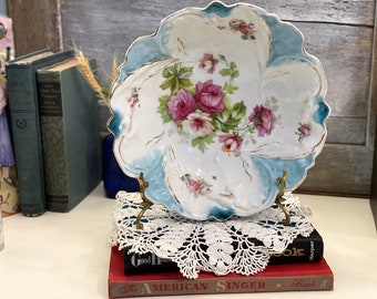 Antique PS Germany Sorau Light Blue and Rose Porcelain Bowl | Raised Relief Hand Painted Botanical Motif