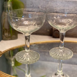 Pair of Vintage Clear Champagne/Tall Sherbet Glasses | Panel Bowl, Smooth Round Stem, Starburst Foot