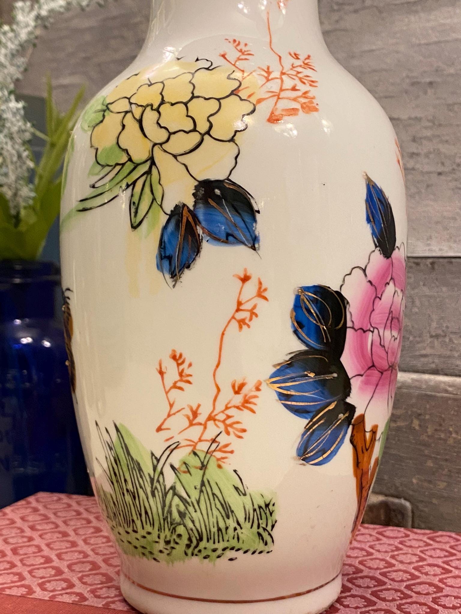 ヴィンテージ 中国磁器 孔雀花瓶 手描き 景徳鎮 花柄 1970年代 - Etsy 日本