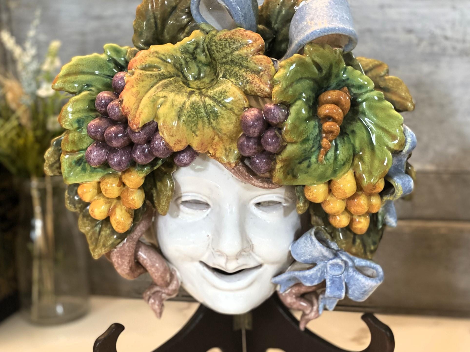 Vintage Italian Majolica Wall Mask | Harvest Grapes Ceramic Art Plaque