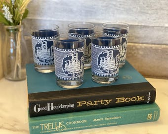 Set di 5 bicchieri blu Royal Currier & Ives, stile vintage da 120 ml, ideali per succhi di frutta e per il bar, con tema nautico e battello a vapore.