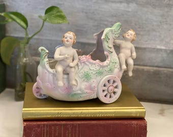 Vintage Cherub Pink and Green Planter | Made In Japan Cherub and Cart Planter