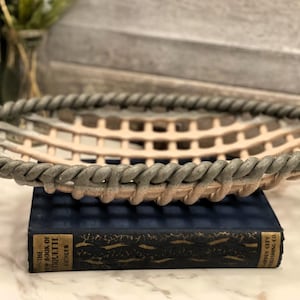 Puede incluir: Una cesta decorativa de forma ovalada con un borde en forma de cuerda. La cesta es de color beige claro con un borde gris y se encuentra sobre un libro azul. El título del libro es parcialmente visible. La cesta probablemente se utiliza para guardar o exhibir.