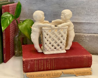 Vintage Cherub Planter | Small Ceramic Basket with Cherubs (children)