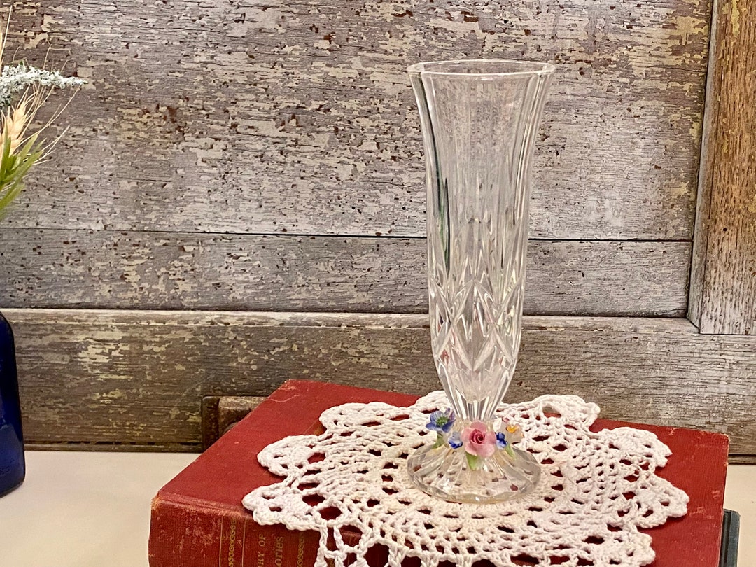 Vintage Cut Crystal Bud Vase Embellished With Porcelain Flowers