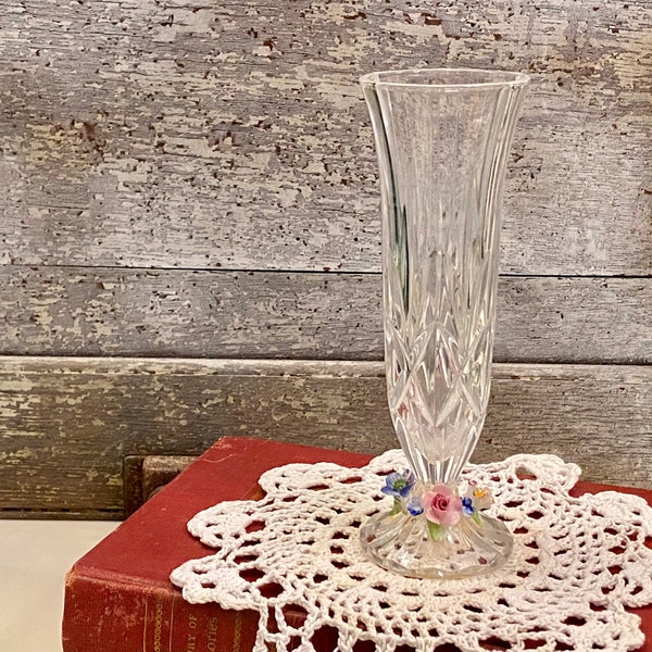 Vintage Cut Crystal Bud Vase Embellished With Porcelain Flowers | Capodimonte Floral Crystal Footed Vase