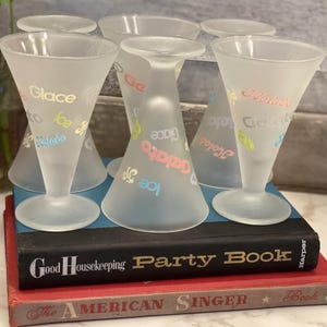 Set of 6 Frosted Footed Ice Cream Glasses with &quot;Ice&quot; in Multiple Languages and Colors
