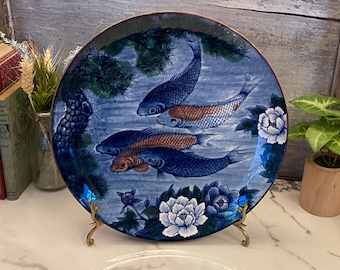 Vintage Japanese Made Koi Fish Serving Bowl | Large Shallow Fish and Floral Bowl