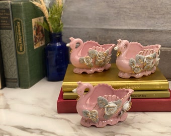 Set of 3 Vintage Pink Swan Planters/Trinket Dishes | Pink Floral Porcelain Swan Candy Dishes