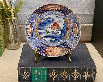 Vintage Otagiri Imari Style Porcelain Bowl: Hand-Painted Scenic Landscape, Blue Red Gold