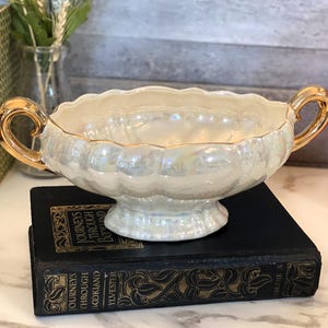 Vintage Iridescent Lusterware Console Bowl Gold Handles Pearl Glaze Planter Centerpiece Footed Ceramic Decor