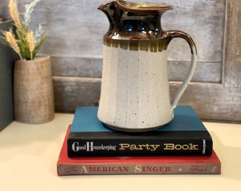Hand Made Stoneware Brown and Beige Drip Glaze Pitcher | Pottery Ribbed Water Pitcher