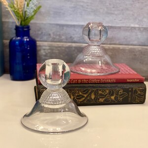 Pair of Single Light Candlestick in Teardrop Clear by Duncan & Miller  | Vintage Pressed Clear Glass Beaded Candle Holders