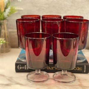 Vintage Set of 8 Luminarc France Ruby Red Pedestal Water Goblets Midcentury Glassware