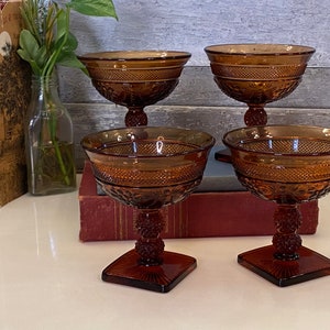 Set (4) Vintage Imperial Glass Amber Champagne/Tall Sherbet Glasses | Pressed Glass Floral and Diamond Cut Chroma Amber Dessert Glasses