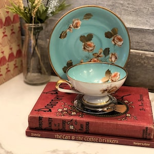 Vintage R|W Bavaria Teacup & Saucer Set | Aqua and Rose Floral Footed Gold Trim Teacup and Saucer
