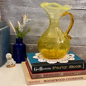 Vintage Yellow Glass Pitcher | Large Amber to Yellow Hand Blown Pitcher with Grape Motif