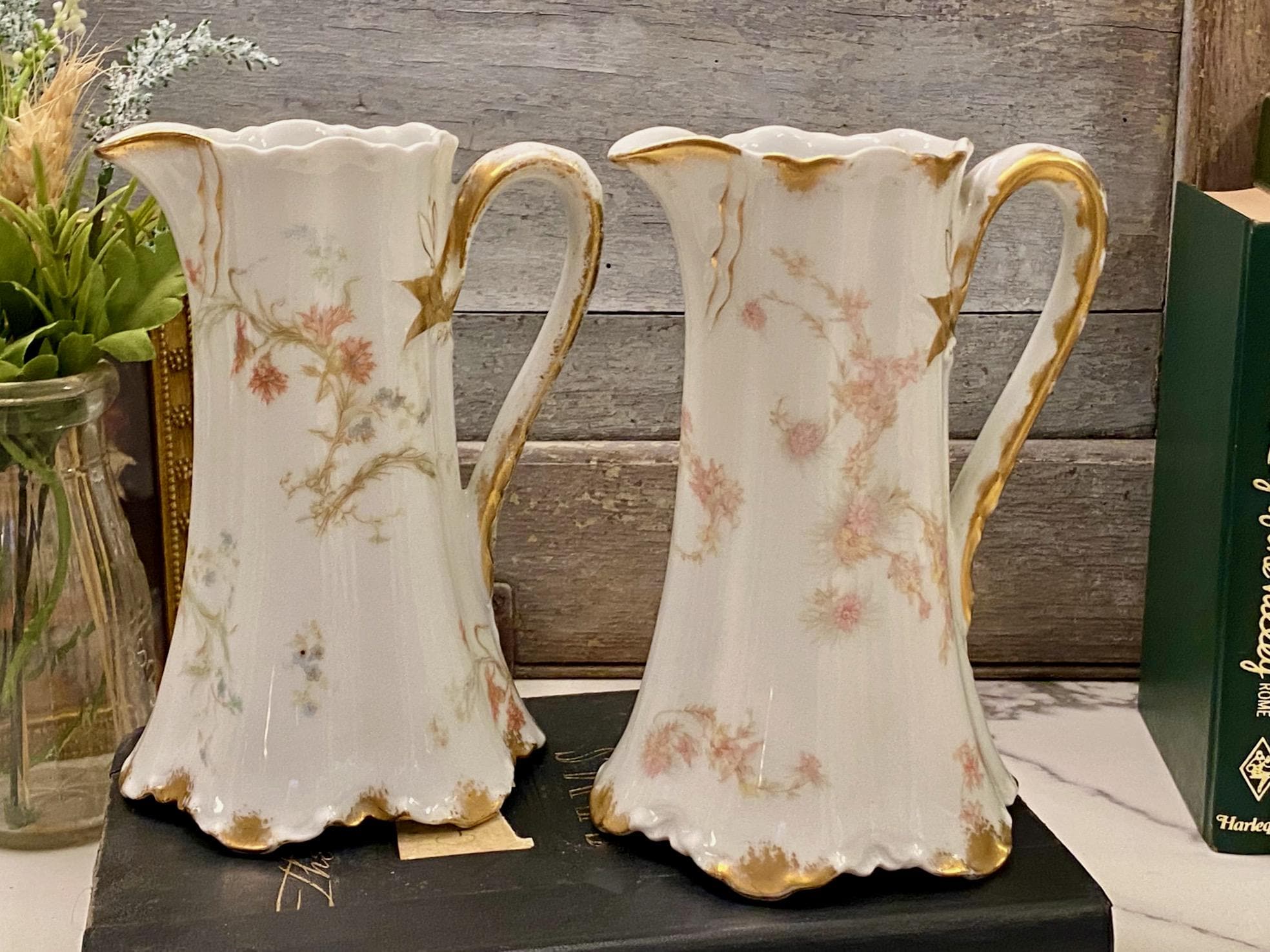 Antique Haviland Limoges St. Lazare Pitcher Pair: Floral & Gold