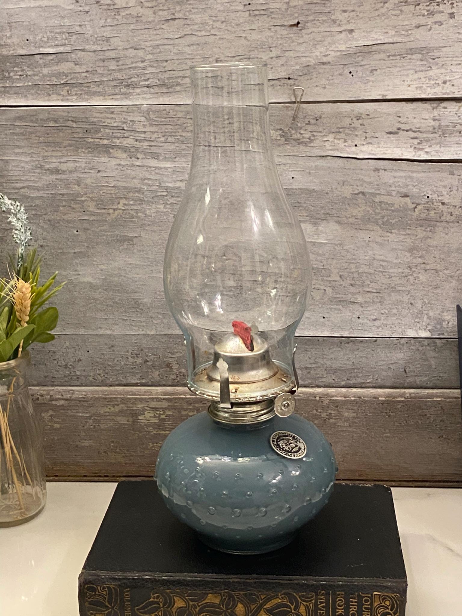 Vintage Lamplight Farms Blue Hobnail Glass Oil Lamp With Chimney