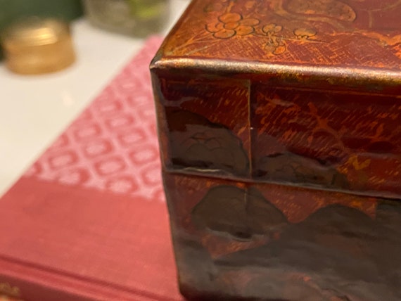 Vintage Hand Decorated Red Lacquered Box with Bra… - image 10