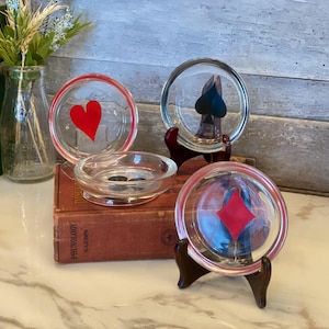 Posavasos vintage de naipes / Tazones de vidrio para aperitivos de Federal Glass Co. / Posavasos de bridge / Decoración para mesas de póker