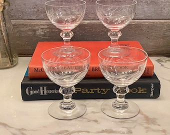 Juego de 4 copas de cristal grabado Heisey Arcadia para licores – Artículos de bar vintage