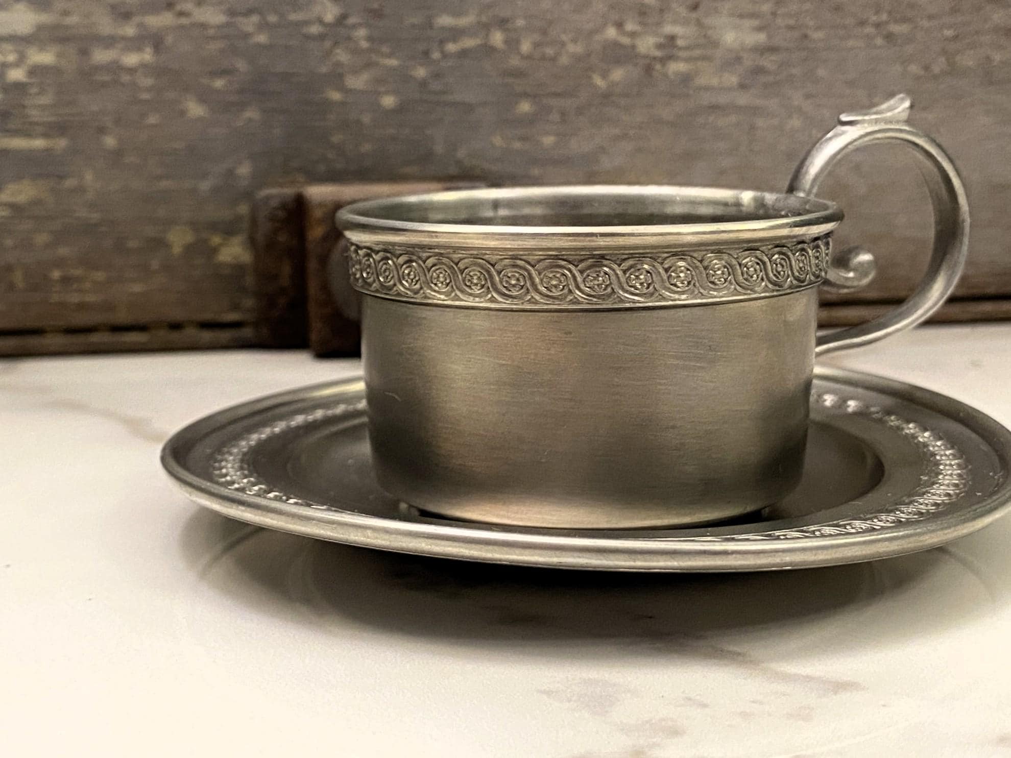 Vintage Swiss Pewter Demitasse Cup & Saucer Ernst Schweizer Zinn
