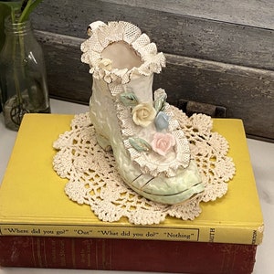Vintage Victorian Porcelain Boot | Lace and Floral Decorated Boot Vase