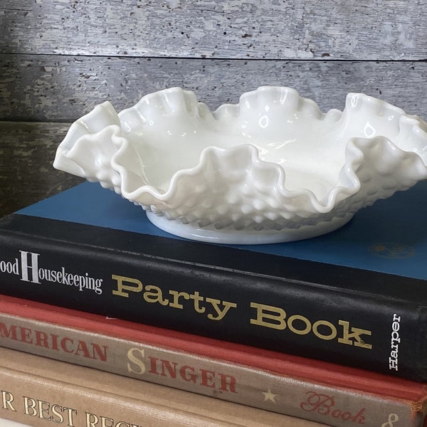 Vintage Fenton Double Ruffled Hobnail Milk Glass Bowl | Low Profile White Glass Serving Bowl