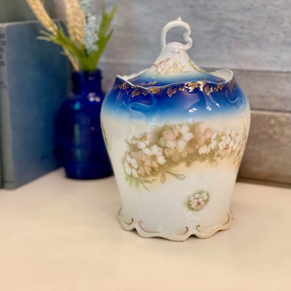 Antique Rosenthal RC Iris Biscuit Jar | Cobalt Blue, White and Gold Gilt with White Flowers