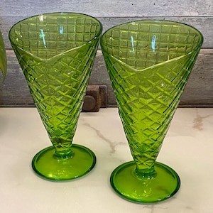 Vintage Italian Waffle Cone Sundae Set of Two Glasses | Bormioli Rocco Green Diamond Optic Goblets | Vintage-Style Italian Glasses, Set of 2