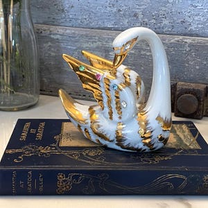 Capodimonte Italy Swan Figurine White Porcelain Gold Gilt Rhinestone Accents Mid Century Decor