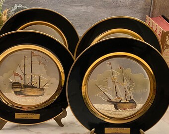 Vintage Chokin Art Yoshinobu Hara Set of 4 Sailing Ship Plates