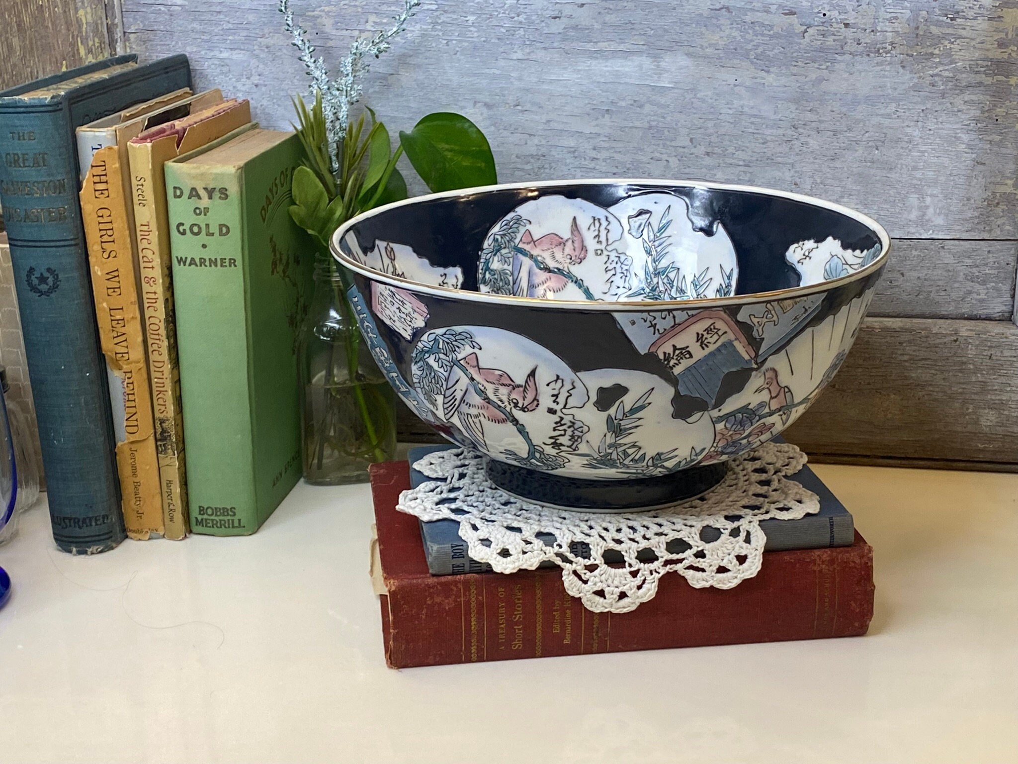 Vintage Navy Blue Oriental Decorative Bowl | Chinoiserie Bowl with Birds, Floral, Text and Greenery | Oriental Decor