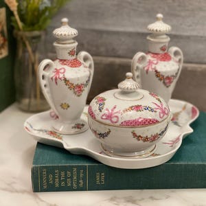 Vintage Pink and White Dresser Set | Powder Jar with Two Perfume Bottles and Bottom Tray | Irving W. Rice Made in Japan Porcelain Set