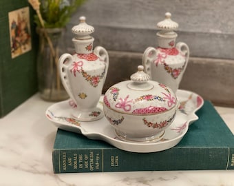 Vintage Pink and White Dresser Set | Powder Jar with Two Perfume Bottles and Bottom Tray | Irving W. Rice Made in Japan Porcelain Set