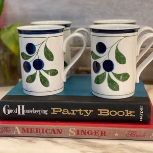 Set of 4 "Berries" Mugs By Dansk | Blue White and Green Hand Painted in the Philippines