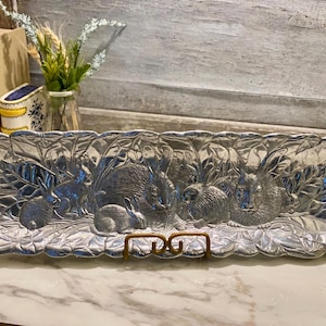 Vintage Arthur Court Pewter Rabbit Tray | Aluminum Pewter Bunny Serving Tray | Collectible Rabbit Decor