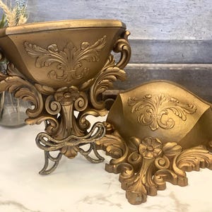 Vintage 1978 HOMCO Gold Syroco Wall Planters Set | Hollywood Regency Ornate Floral Scroll Shelves | Rococo Wall Pockets 6050 USA